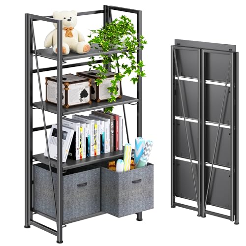 4NM No Assembly Folding Bookshelf Storage Shelves 4 Tiers Vintage Bookcase Standing Racks Study Organizer Home Office (All Black) - color: All Black, size: Standard 4 Tiers