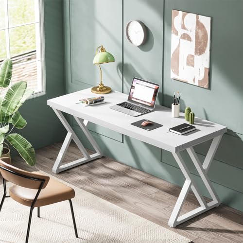 Tribesigns Writing Computer Desk, 55 inch Heavy Duty Study Desk with Z-Shaped Metal Leg, Modern Simple Home Office Computer Desk, White - color: White