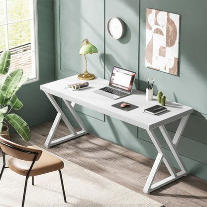 Tribesigns Writing Computer Desk, 55 inch Heavy Duty Study Desk with Z-Shaped Metal Leg, Modern Simple Home Office Computer Desk, White - color: White