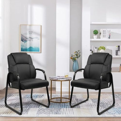 CLATINA Ergonomic Black Guest Chair with Arms Set of 2- Office Reception & Conference Seating, PU Leather Meeting Chairs with Sled Base for Waiting Rooms & Home Offices - color: Black-sled Base, size: 2PK