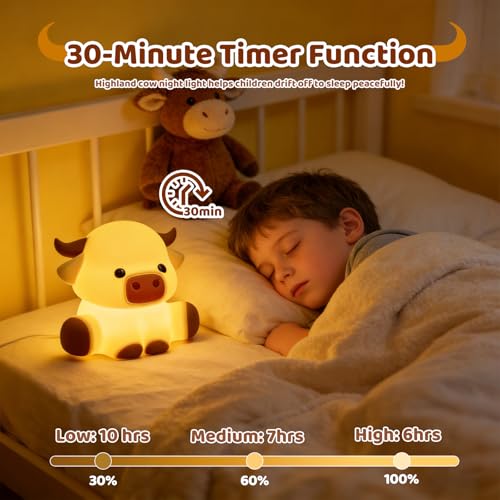 Cute Highland Cow Rechargeable Night Light, LED Touch Silicone Lamp for Bedroom with 7 Colors Timer and Dimmable Squishy Warm Night Lights, Novelty Animal Lamp for Nursery Birthday Gift - color: Cattle