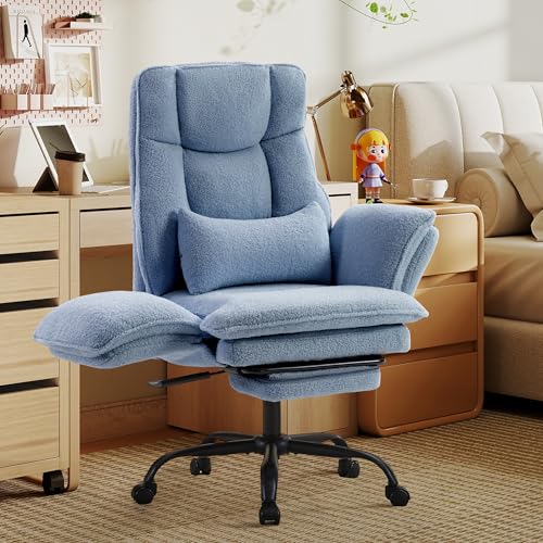 Wider Seat Office Chair with Flip Armrests for Criss Cross Legged&Cats, Big and Tall Executive Ergonomic Reclining Chair with Footrest&Lumbar Pillow, Teddy Fleece Desk Chair,Blue Vanity Chair - color: Blue
