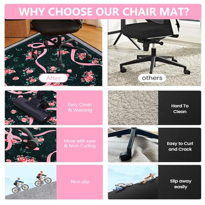 Office Chair Mat for Hardwood/Tile Floor, 36"x48"Desk Chair Mat for Rolling, Non Slip Under TPR Backing Low-Pile Rug(Black Bow Flower) - color: Black Bow Flower