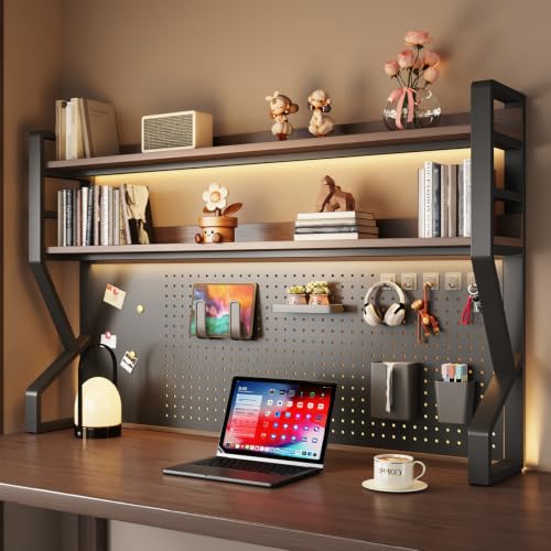 Desk Shelf 2-Tier Desktop Organizer 45.3" L,Desk Hutch Storage Rack - color: Oak Color+black, size: 45.3" Lx9.9" Wx39" H