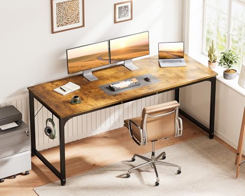Casaottima 63 Inch Computer Desk for Home Office, Study Writing Table for Small Spaces, Simple Modern Desk with Headphone Hooks, Rustic Brown - size: 63 inch