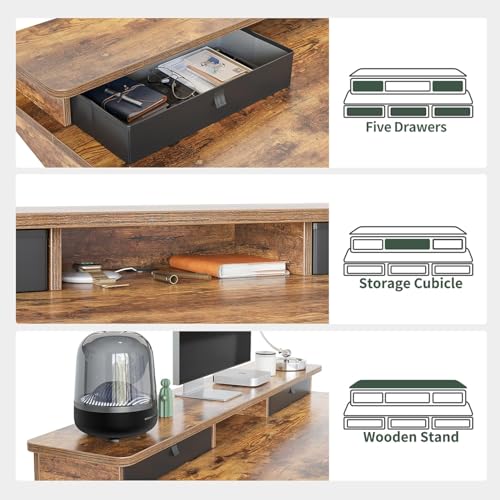 FEZIBO Height Adjustable Electric Standing Desk with 5 Drawers, 55 x 24 Inch Table with Storage Shelf, Sit Stand Desk Black Frame/Rustic Brown Top, 55 inch