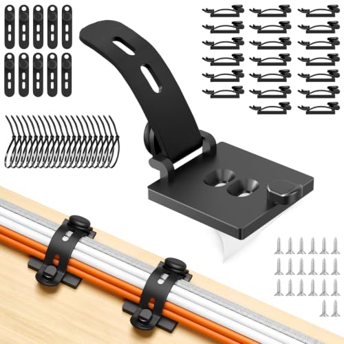 Kanemc 20PCS Cable Management Kit Adhesive Cable Clips | 20 Adjustable Cable Holders,20 Zip Ties,20 Screws&10 Extra Cable Straps, Cord Organizer for Home Office Under Desk Behind TV