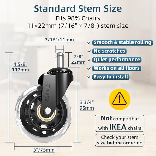 WEWILL Office Chair Wheels - Rubber Casters Replacement Universal Fit 98% Chair(Set of 5) Heavy Duty 3 Inch Smoothly & Quietly Safe for All Floor, Hardwood, Tile, Carpet, Noise Free - Clear - color: Clear