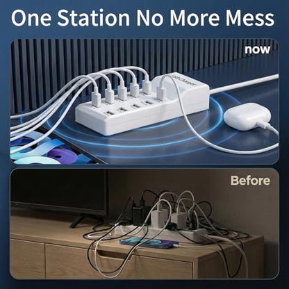 10-Port USB Charging Station, 50W 10A Desktop Charger with 5 A-to-C Cables