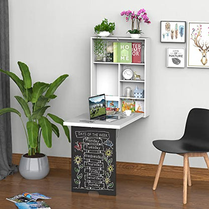 White Wood Wall Mounted Hideaway Desk with Storage for Small Spaces | Folding Desk with A Blackboard, Expandable Computer Desk, Pull Out Study Table for Bedroom Apartment - color: White,