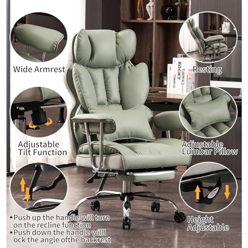 Efomao Big and Tall Office Chair 400lbs - Executive Office Chairs with Footrest, Heavy-Duty PU Leather Computer Chair for Heavy People, Light Green Home Office Desk Chairs | 400lbs support, 135° recline, dual-layer foam cushion, 23.5" seat & footrest. BIF