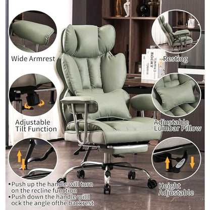 Efomao Big and Tall Office Chair 400lbs - Executive Office Chairs with Footrest, Heavy-Duty PU Leather Computer Chair for Heavy People, Light Green Home Office Desk Chairs | 400lbs support, 135° recline, dual-layer foam cushion, 23.5" seat & footrest. BIF
