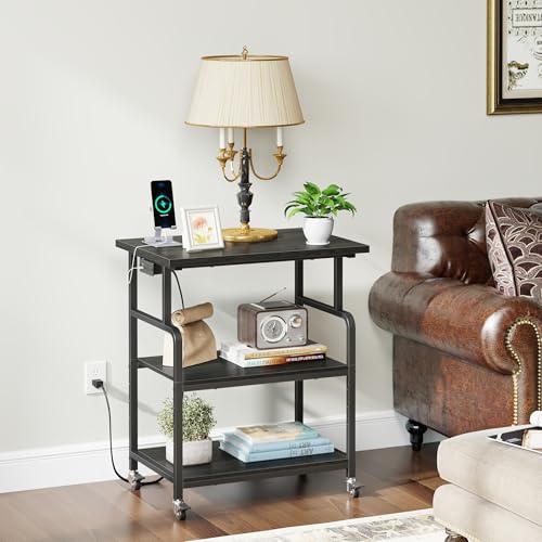 YAOHUOO 3 Tier Large Printer Stand with Power Outlet/Adjustable Shelf - color: Black, size: 23.6"×19.6"
