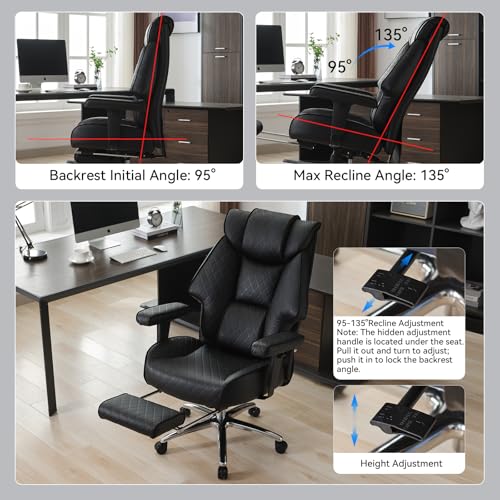 EXCEBET Big and Tall Office Chair with Footrest, PU Leather High Back Executive Office Chair 400lbs, Ergonomic Computer Chairs Lumbar Support for Heavy People (All Black) - color: All Black