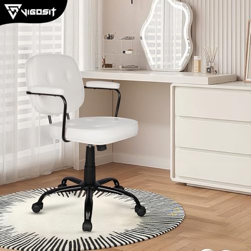Compact Desk Chair with Arms & Wheels 360° Swivel Adjustable Vanity Chair Small Rolling Task Chair for Home Office, Bedroom, Study, Dressing Table - color: White-1