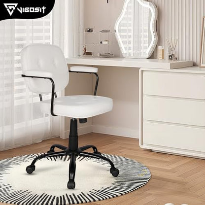 Compact Desk Chair with Arms & Wheels 360° Swivel Adjustable Vanity Chair Small Rolling Task Chair for Home Office, Bedroom, Study, Dressing Table - color: White-1