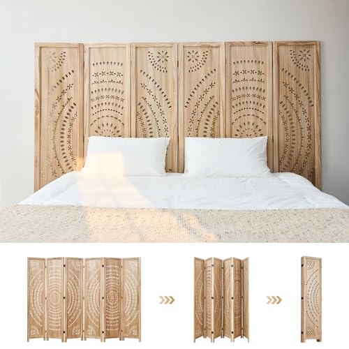 66.9Inch Folding Room Divider, 6 Panels Wood Carved Privacy Screens, Free Assembled Freestanding Partition for Home Office Restaurant Bedroom (Natural) - color: Natural, size: 6 Panels