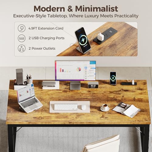 Mericonia 48 Inch Computer Desk with Power Outlets, 1.2" Thick Office Table - color: Brown, size: 48",1.2"T