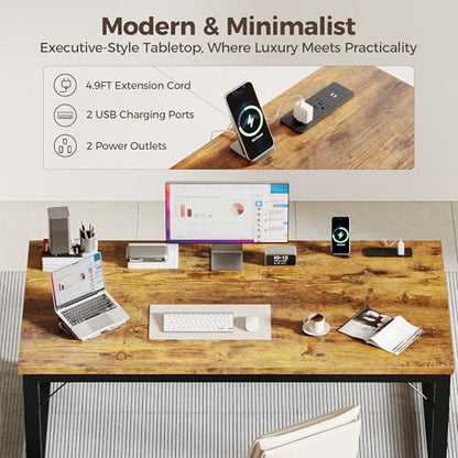 Mericonia 54 Inch Computer Desk with Power Outlets, 1.2" Thick Office Table - color: Brown, size: 54",1.2"T