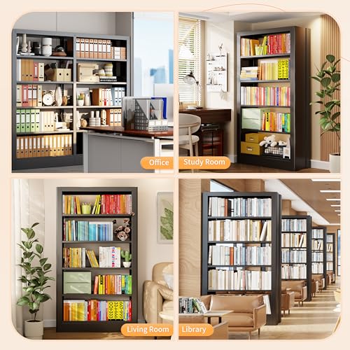 5-Tier Bookcase with Adjustable Storage Shelves, Heavy Duty Bookcase, Metal Bookshelf with Book Stopper, Black Bookcase Shelf for Library, Office, Living Room - color: Black
