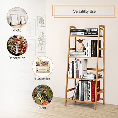 COSTWAY 4-Tier Ladder Shelf, Bamboo Plant Stand Rack | Freestanding Bookcase, Flower Stand Rack Holder for Garden, Balcony, Living Room, Bedroom (Natural) - color: Natural, size: 19" x 12.5" x 45" (L x W x H)