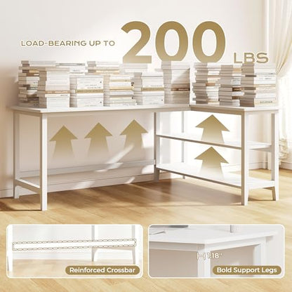 IOTXY 53" Reversible L-Shaped Office Desk with Storage Shelves, White - color: White, size: 53-inch