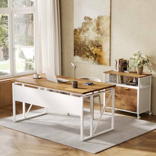 LITTLE TREE 63-Inch Office Desk with 31.5-Inch Lateral File Cabinet, Study Writing Desk Computer Desk for Home Office - color: Rustic