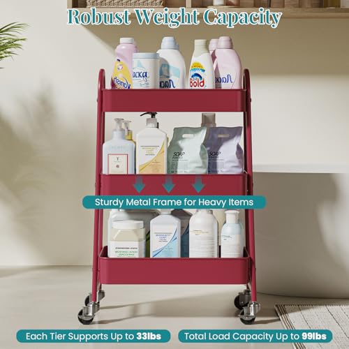 OLIXIS Metal 3 Tiers Rolling Storage Utility Cart with Lockable Wheels - color: Red, size: 3-Tiered 17 inches