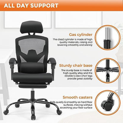 Sweetcrispy Ergonomic Office Chair, Computer Desk Chair with Lumbar Support | High-Back Mesh, 360° Rolling Work, Swivel with Wheels, Comfy Arms, Home Bedroom Study, Black - color: Black