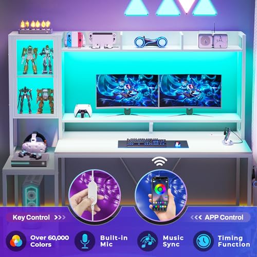 SEDETA 60'' Gaming Desk with Storage, Hutch, Display Cabinet and LED Lights - color: White