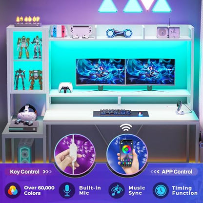 SEDETA 60'' Gaming Desk with Storage, Hutch, Display Cabinet and LED Lights - color: White