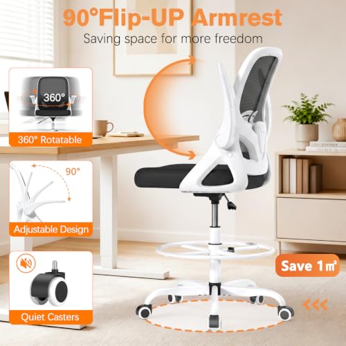 ORRSAKER Drafting Chair, Tall Office Chair with Flip-up Arms, Mesh Ergonomic Computer Standing Desk Chair with Adjustable Height Foot Ring and Lumbar Support, 300 LBS Capacity, White - color: White