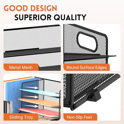 5-Tier Desk Organizer with File Holder & Pen Holder & Sliding Drawer, Black - color: Black