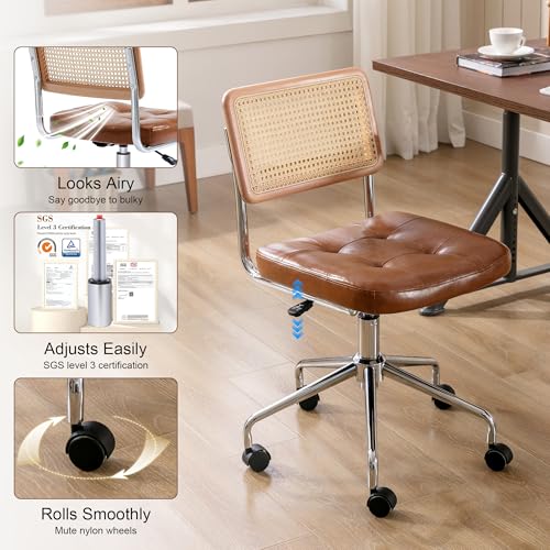 Zesthouse Leather Office Desk Chair with Wheels, Mid Century Rolling Desk Chair with Natural Rattan Back, Modern Swivel Home Office Chair, Small Height Adjustable Computer Task Chair, Brown - color: Brown, size: Armless