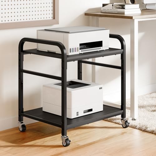 niffgaff 2 Tier Under Desk Printer Stand with Storage, 22" Rolling Printer Cart with Lockable Wheels, Height Adjustable Shelf for Home Office, Black