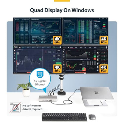 StarTech Thunderbolt 4 Dock, Quad 4K Win, Dual 4K Mac, 16-Port 40Gbps, 100W | Driverless USB4 and Thunderbolt, Up to four 4K 60Hz on Windows, Dual 4K 60Hz on M3/M4/M5 MacBooks, Intel/AMD/Snapdragon