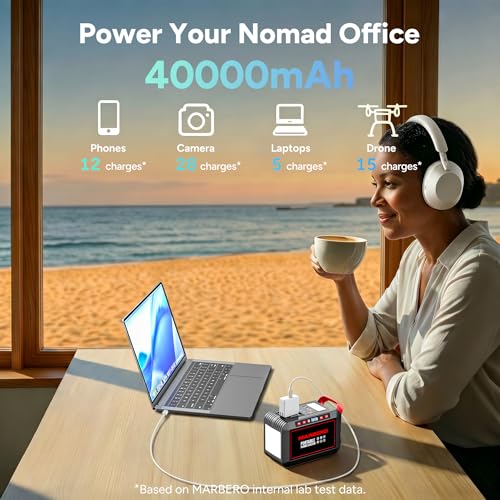 MARBERO 200W Portable Power Station 148Wh Camping Solar Generator Laptop Power Bank with AC Outlet 110V, DC, USB QC3.0, LED Flashlights for CPAP Home Outdoor Trip Emergency Backup | Power Bank with AC Outlet 110V Solar Generator with 8 Output Ports for Ca