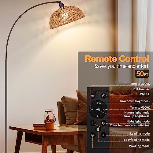 Brilvibera Boho Floor Lamp with Remote Arc Tall Lamp | Bronze Floor Lamps with Stepless Dimmable Bulb, Hand-Worked Adjustable Rattan Lampshades, Brown Rattan Standing Lamp - style: Bronze Rattan Arc Lamp