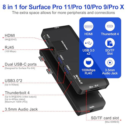 Surface Pro 13/11/10/9 Hub Docking Station with 4K HDMI, Thunerbolt 4(8K Video+40Gbps+100W PD), 100M Ethernet, USB 3.0, 3.5mm Audio, SD/TF Card Slot - USB C Hub Adapter for Surface Pro 11/Pro 10/Pro 9 - color: Black