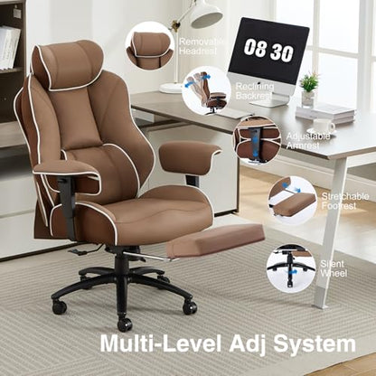 DJ·Wang Big and Tall Office Chair with Foot Rest, High Back Executive Office Chair PU Leather, Ergonomic Chairs with Lumbar Support, 135° Reclining Chairs with Thickened Spring Cushion Brown - color: Pu Brown
