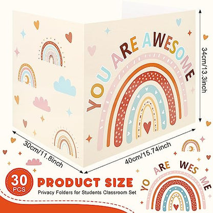 Whaline 30Pcs Privacy Boards Boho Classroom Desk Dividers Colorful Rainbow Heart You are Awesome Desk Privacy Panel Foldable Screen Partition for School Teacher Student Test Supplies