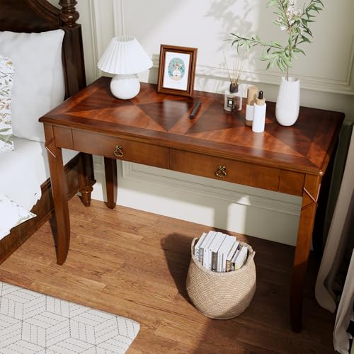 Solid Wood Writing Desk, Home Office Desks with 2 Storage Drawers, 46" Mid-Century Modern Walnut Tables, Computer Desk for Home Office, Easy Assembly Vanity Desk, Study Table Station BSZDR200 - size: 46.06"
