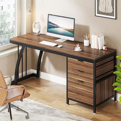 Tribesigns 59 Inch Computer Desk with 3 Drawers, Industrial PC Desk Study Writing Table Workstation with File Storage, Home Office Desks with Large Desktop and Metal Frame (Walnut) - color: Walnut