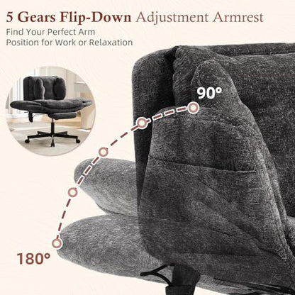 Criss Cross Office Chair with Footrest and 5-Gear Adjustable Arms, Black | Wide seat cross-legged desk chair, flip lumbar pillow, airbag support, chenille fabric, for home office vanity and meditation - color: Black-chenille