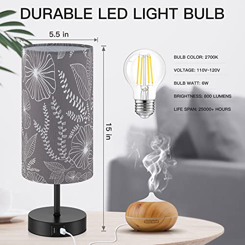 CINSARY Touch Control Bedside Lamp with 2 USB Ports, 3-Way Dimmable Table lamp for Bedroom, Nightstand Lamp with Round Grey Fabric Shade for Living Room Home Office (E26 LED Bulb Included) - color: Gray