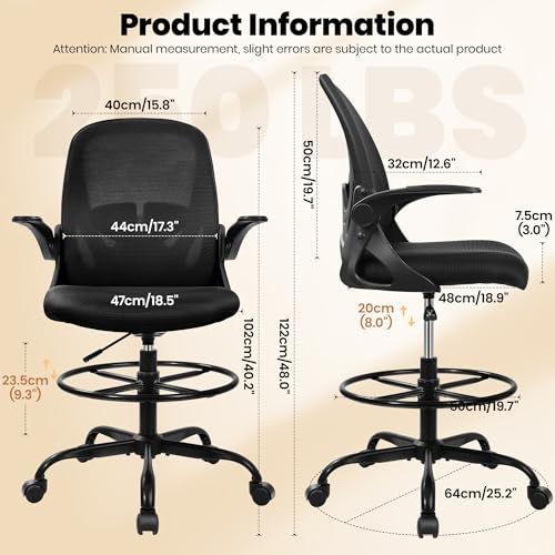 Drafting Chair Tall Office Chair with Flip-up Armrests Executive Ergonomic Computer Standing Desk Chair with Lumbar Support and Adjustable Footrest Ring (Black) - color: Black, size: 934-Z