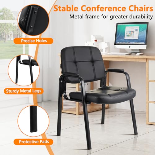 CLATINA Waiting Room Chairs No Wheels Set of 2, Stationary Leather Office Reception Guest Chair with Padded Arms for Elderly Desk Conference Room Lobby Table Side Salon - color: Black, size: 2 Pack