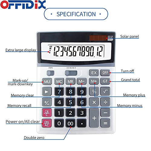 OFFIDIX 12 Digit Large Key Dual Power Electronic LCD Display Calculator - color: Black