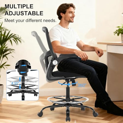 Drafting Chair, Ergonomic Tall Office Chair with Lumbar Support Standing Desk Stool with Flip-up Armrests Comfy High Office Desk Chair with Adjustable Foot Ring for Counter Height Desk, Black