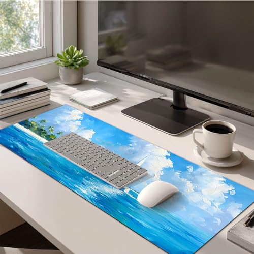 HOMETITUTE Large Mouse Pad 31.5x11.8 Inch Gaming Mousepad Blue Sea Island Art Non-Slip Keyboard Desktop Protector Mat XL Mouse Pad for Home Office Laptop Wireless Mice Accessories - color: Blue Sea Island Art